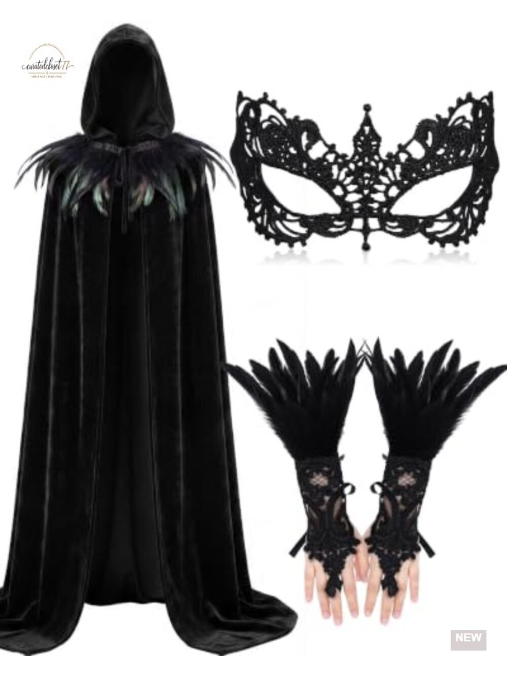 Velvet Hooded Cloak Cape Glove Mask Set Gothic Witch Cosplay Halloween